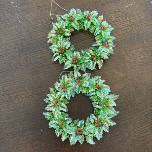 Set of two RAZ Imports Glittered Holly Wreath Ornaments
